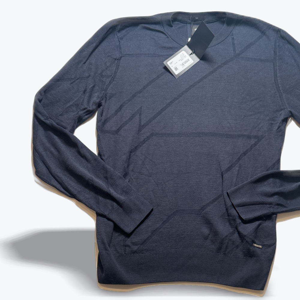 Hugo Boss Jacquard Sweater T Milan Silk Blend Tailored Dark Blue Mens Small NEW